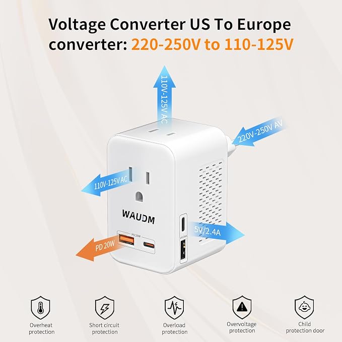 International Travel Adapter Voltage Converter to Step Down 230V to 120V for Hair straighteners, laptops, Cell Phones, Power converters from USA to UK, Europe, Australia Over 200