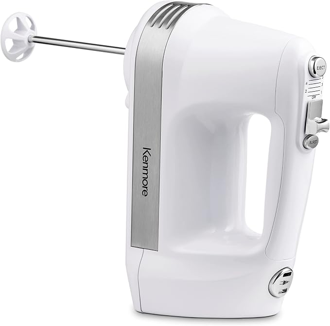 Kenmore 5-Speed Hand Mixer/Blender, 250 Watts, with Beaters, Dough Hooks, Liquid Blending Rod, Automatic Cord Retract, Burst Control, and Clip-On Accessory Storage
