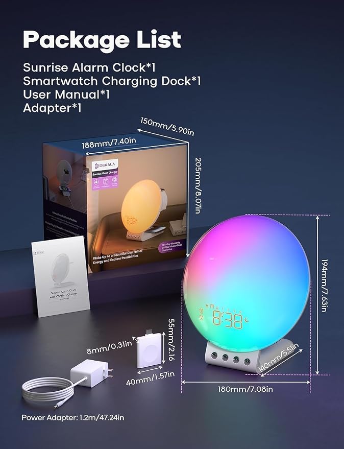 Dekala Smart Sunrise Alarm Clock with Wireless Charging for iPhone 14 13 12 Apple Watch AirPods Samsung, White Noise Sleep Sounds Machine, Nursery Night Light for Heavy Sleeper Kid