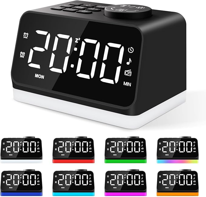 JALL Digital Alarm Clock with FM Radio for Bedroom, 8 Colors Night Light with 2 Charging Port, Sleep Sound Machines with Timer, Dual Alarm, Loud Alarm and Easy to Use for Seniors as Gift