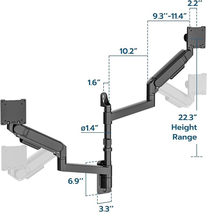 ARES WING Dual Monitor Wall Mount for 24-57 Inch Ultrawide Screens, Premium Heavy Duty Monitor Arm Holds 60 lbs, Full Motion Gas Spring, Bearing Head for Easy Adjustment, 75/100 VESA Mount, Black