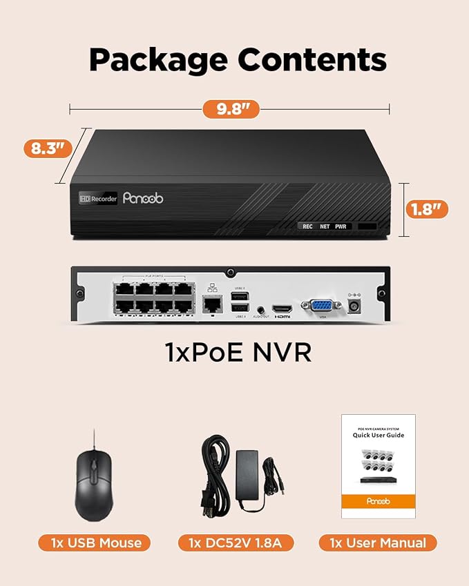 4K 8 Channel NVR, 8CH H.265 Network Video Recorder with 8 PoE Ports, Motion Alarm, 24/7 Recording, Smart Playback, Support 8MP/5MP/4MP/3MP PoE Cameras, One SATA Ports Up to 8TB (Without HDD)