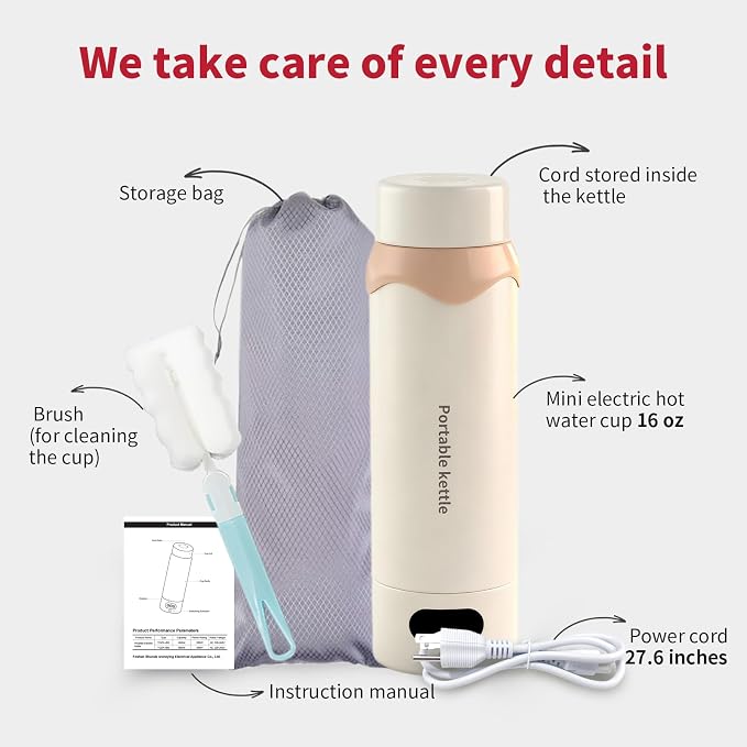 Insulated Stainless Steel Electric Kettle Small, Smart Water Bottle with 4 Temperature Control, Leak-Proof, Mini Travel Essentials Portable Office Gifts for Tea Lovers, Cream