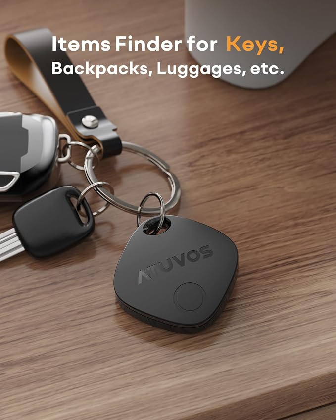 ATUVOS Air Tracker Tags-4 Pack, Bluetooth Luggage Tracker Works with Apple Find My APP (iOS Only, Not for Android), Keys Finder and Item Locator for Luggage, Backpack, Suitcases, Replaceable Battery