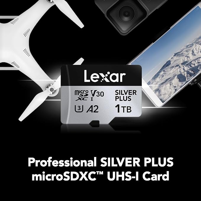 Lexar 1T Professional Silver Plus Micro SD Card, UHS-I, C10, U3, V30, Full HD & 4K, Up to 205/150 MB/s microSDXC Memory Card, for Videographers, Gamers (LMSSIPL001T-BNANU)