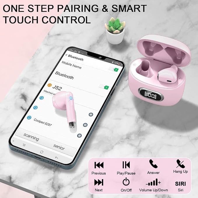 Wireless Earbuds, Bluetooth Headphones, Stereo Bass Ear Buds with ENC Noise Cancelling Mics,42H Bluetooth Earbuds with LED Display Charging Case, IP7 Waterproof Earphones for Android iOS/Light pink