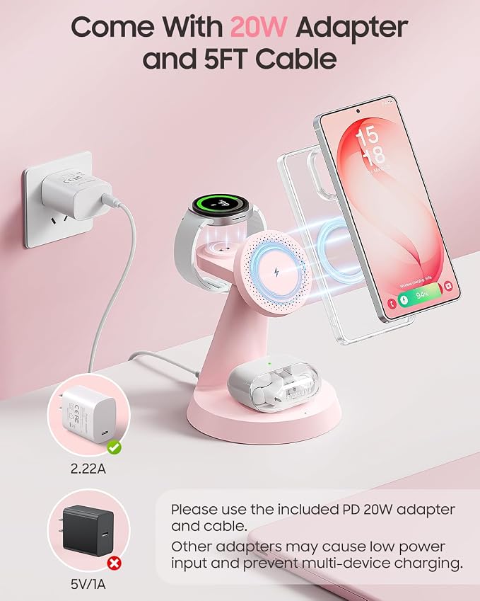 Meifigno Magnetic Wireless Charger for Samsung, 3 in 1 Charging Station Compatible with MagSafe Samsung Charger for Galaxy S26 Ultra S25 Z Fold7/Flip7, Charger Stand for Galaxy Watch Ultra 8 7, Pink