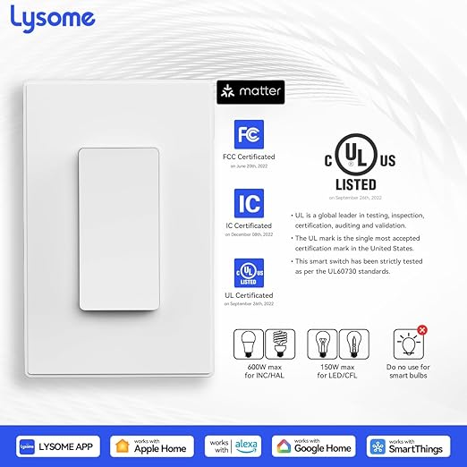 Matter Smart Light Switch, Voice Control Smart Wall Switches Compatible with Alexa & Google Assistant, Timer Schedule, Neutral Wire Required, Single Pole, 2.4GHz Wi-Fi, White, 2 Pack