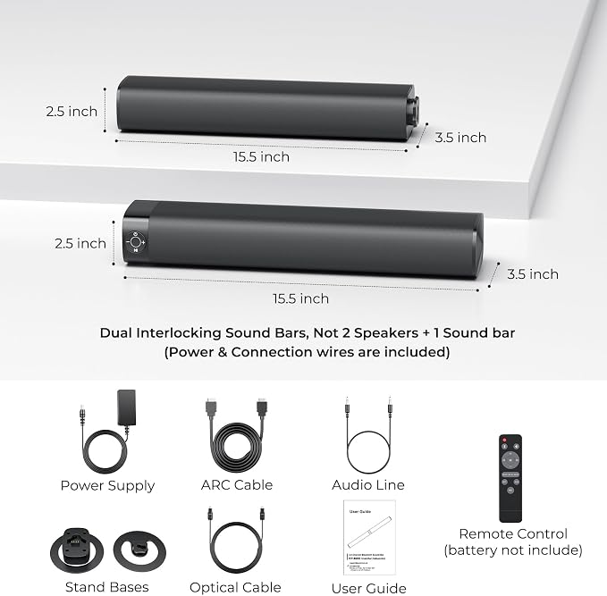 Sound Bar for Smart TV, Soundbar with Bluetooth/ARC/Opt/AUX Connect, Auto Volume Boost, 3 Equalizer Modes, 2 in 1 Detachable Soundbar for TV/PC/Gaming/Projectors