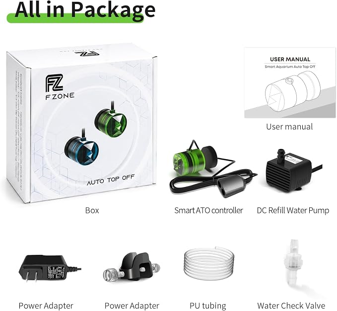 FZONE ATO System for Saltwater Aquarium, Auto Top Off with Dual Optical Sensors for Reef and Freshwater Tanks (Green)