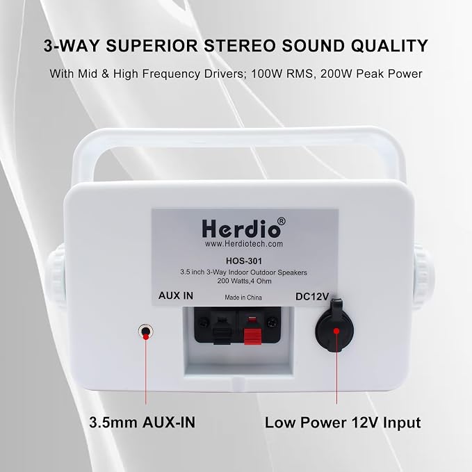 Herdio 3.5" Outdoor Bluetooth Speakers Wired Waterproof, 200W 3 Way Upgrade Premium Wall Mount Speakers, Durable Mountable Loud Sound System for Patio Indoor Deck Garage (White Pair)