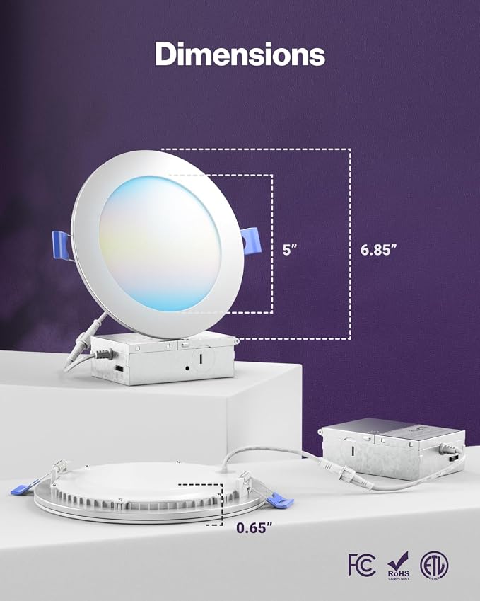 Sunco 2 Pack 6 Inch Smart Ultra Thin LED Recessed Ceiling Lights with Night Light, Tunable CCT 2700K to 6000K, Dimmable, 15W, Smooth Trim, Canless with Junction Box.