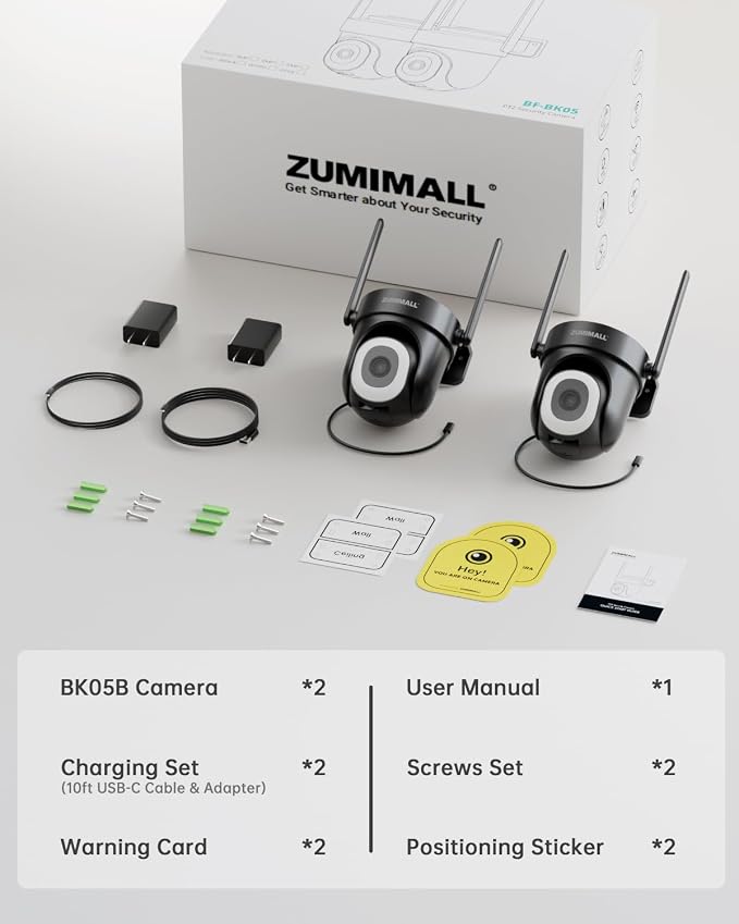 ZUMIMALL 2K Wired Outdoor Camera, 2.4G/5G WiFi Security Camera, 3MP, 24/7 Recording, AI Motion Detection, Cloud & SD Card Storage, 2-Way Audio, 360° PTZ Auto Tracking, Work with Alexa - 2-Pack, Black