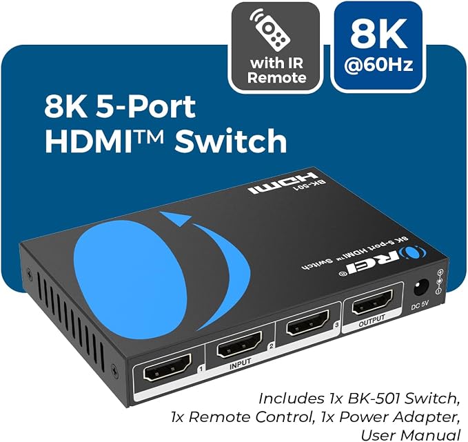 OREI 8K HDMI Switch 5 in 1 Out – HDMI 2.1 Switcher 4K 120Hz, 48Gbps 8K@60Hz, 5 Port HDMI Switch with Remote, HDR10+, VRR, ALLM, QFT, CEC for PS5 Xbox Roku Fire TV