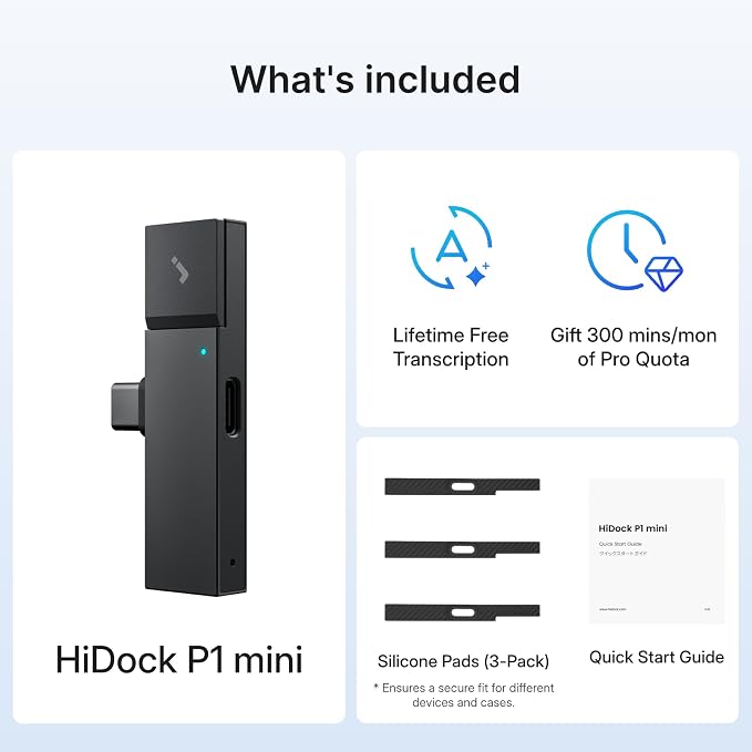 HiDock P1 mini AI Voice Recorder: Smart Voice Recorder Work with Wireless Earbuds for Meeting Lectures Calls BlueCatch Tech Digital Audio Recorder Transcription Summary HiNotes APP Control 32GB