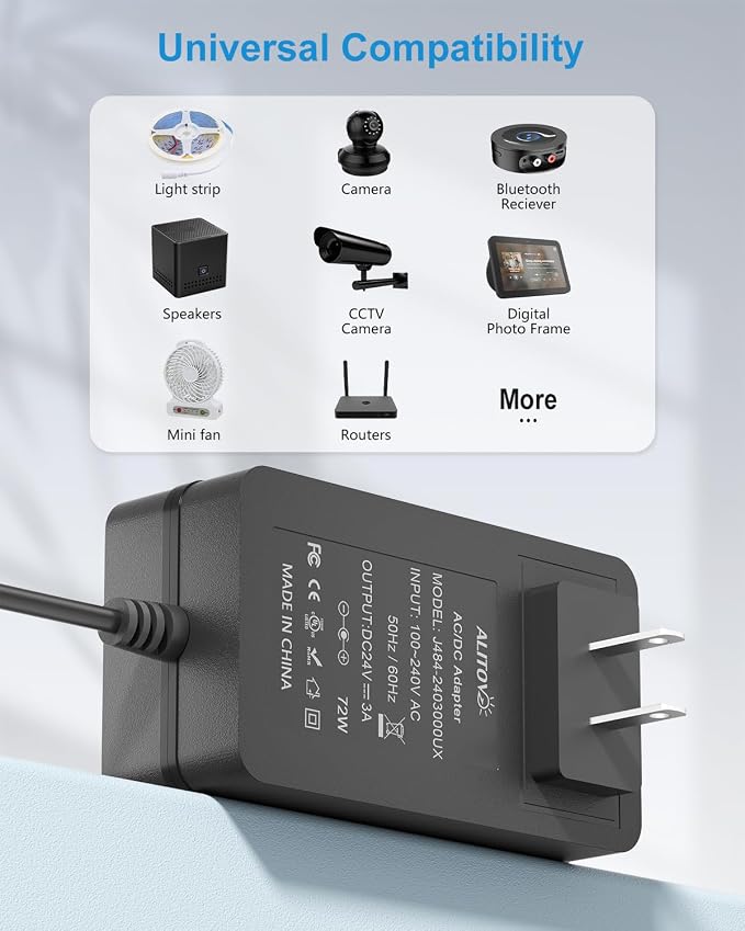 ALITOVE 24V Power Supply 3A 72W 24 Volt Transformer AC/DC Adapter 100-240V 50-60Hz to DC24V 3 Amp 2A 1A Converter 6.2FT DC Power Cord with 14 Tips for LED Strip Light CCTV Camera System Pump Router