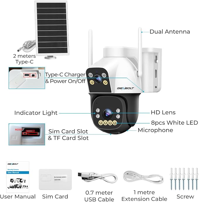 GENBOLT 4G AOV Cellular Solar Security Camera Outdoor Wireless, 7/24 Recording 3MP+3MP No WiFi IP Surveillance Camera with Sim Card, 8W 15600mAh Battery Operated LTE Camera CCTV