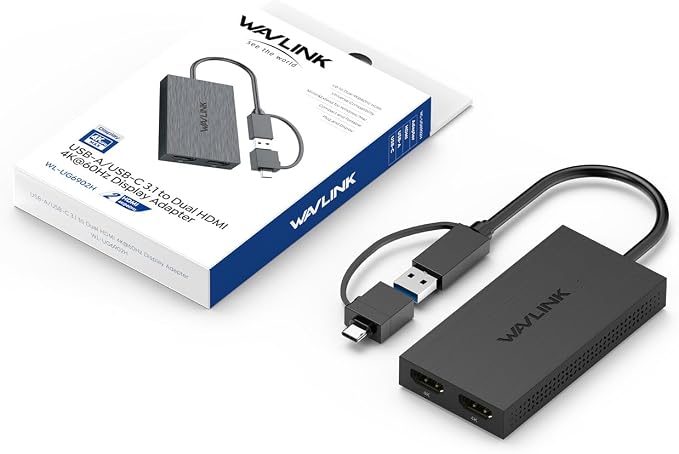 WAVLINK USB 3.0 & USB C to Dual HDMI Adapter 4K@60Hz for Dual Monitor, DisplayLink USB C HDMI Adapter for Apple Mac M1-M5/Macbook Neo, Windows 10/11, ChromeOS (No Linux/iPad/iOS/HDCP), Driver Required