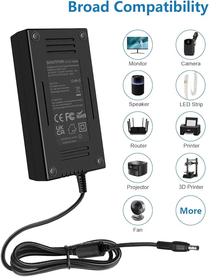 SHNITPWR 13.5FT 24V Power Supply DC 24 Volt 8A 192W AC DC Adapter 24vdc Power Adapter AC to DC Converter Transformer LED Driver with 13.5FT Super Long 5.5x2.5mm Tip for LED Strip Light CCTV Cameras