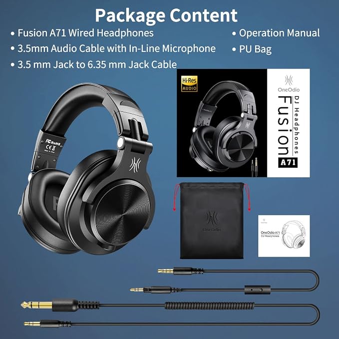 OneOdio A71 Hi-Res Studio Recording Headphones - Wired Over Ear Headphones with SharePort, Monitoring Mixing Foldable Headset with Stereo Sound, 3.5/6.35MM Jack for PC Computer DJ Guitar-Black