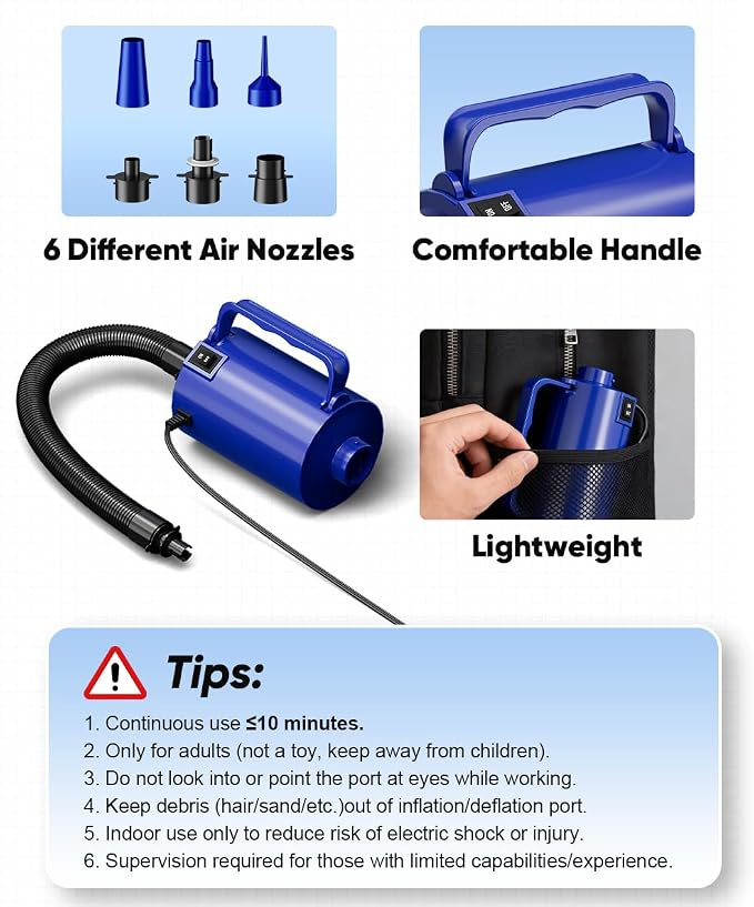 Electric Air Pump with Hose for Inflatables, High Power Inflator Deflator Blow Up Pump with 6 Nozzles, Pool Toy Float Pump for Pool Floats, Air Mattress, Gym Mat, 320W, 1.5PSI, 120V AC, Blue