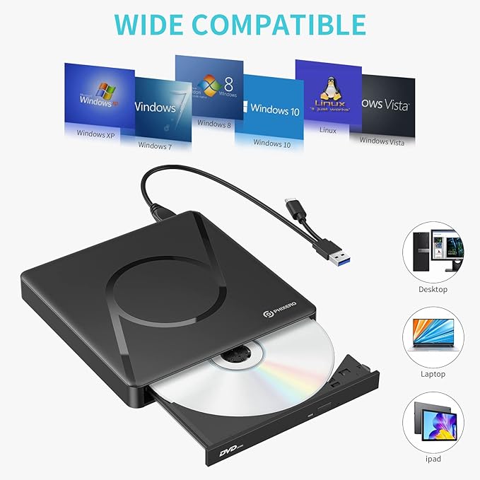 PHIXERO External DVD Drive for Laptop, USB 3.0 Type-C CD/DVD +/-RW ROM Burner DVD Player with 2 USB A Ports and SD/TF Card Slot for Laptop or Desktop PC Windows XP/7/8/10, MacBook, Linux