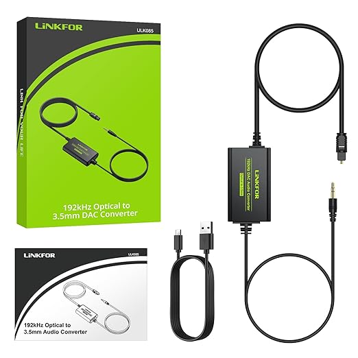 LiNKFOR 192kHz DAC Converter SPDIF to 3.5mm AUX Digital to Analog Audio Converter Optical Toslink to 3.5mm Audio Adapter with Optical Cable for HDTV Blu Ray DVD Amps