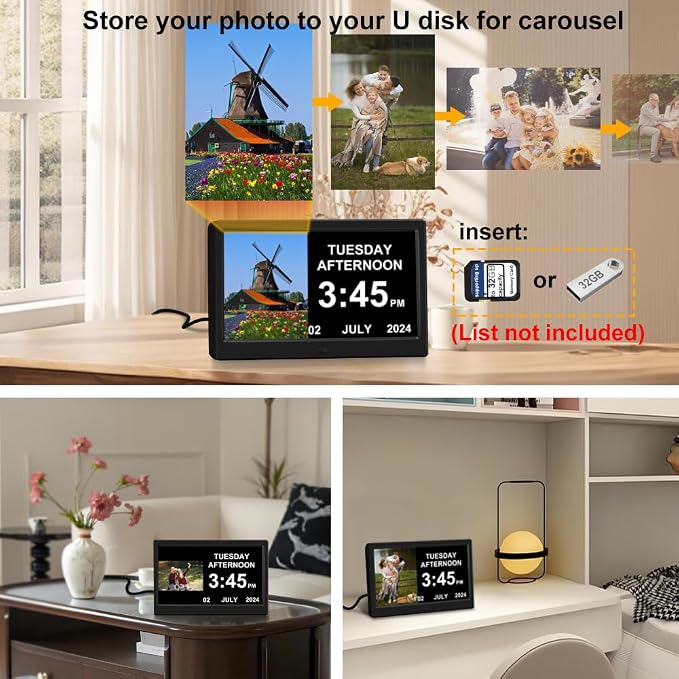 Alarm Clock with Day and Date for Elderly Digital Calendar Clock Photo Frame- Auto Dimmable Display 15 Alarm Options, Clock with Non-Abbreviated Day & Month (10.1 inch Black)