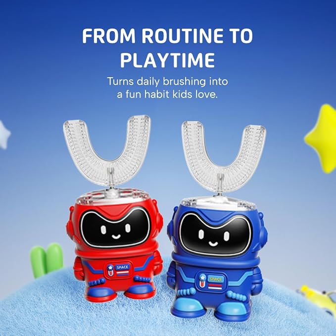 Well Before Kids U Shaped Electric Toothbrush with 5 Brush Heads, Ultrasonic, 5 Modes, IPX7 Waterproof Design (Spaceman, Vib-Blue, Ages 2-7)