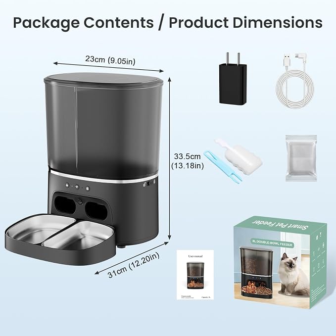 Automatic Cat Feeder 5G/2.4GHz Dual-Band WiFi Built-in HD Camera & Night Vision Two-Way Audio Calling APP Remote Control | Up to 10 Timed Feedings Per Day 8L Capacity Washable Parts (Black)