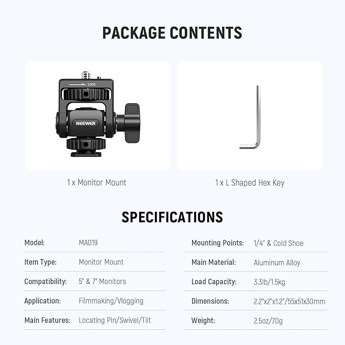 NEEWER Field Monitor Mount Holder with Cold Shoe 360° Swivel 180° Tilt Anti Twist Screw Compatible with Atomos Ninja 5" & 7" Camera Monitor, SmallRig Camera Cage, MA019