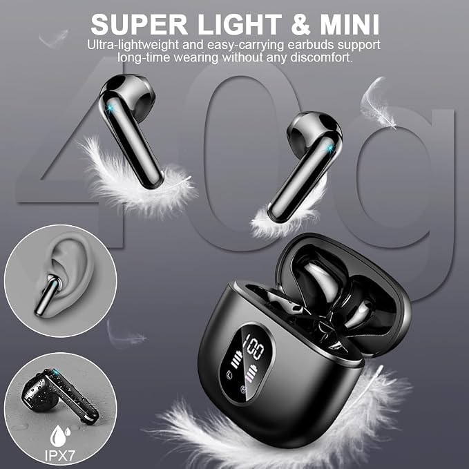 Wireless Earbuds, Bluetooth Headphones, Stereo Bass Ear Buds with ENC Noise Cancelling Mics, Bluetooth Earbuds with LED Display Charging Case, IP7 Waterproof Earphones for Android iOS/Glossy black