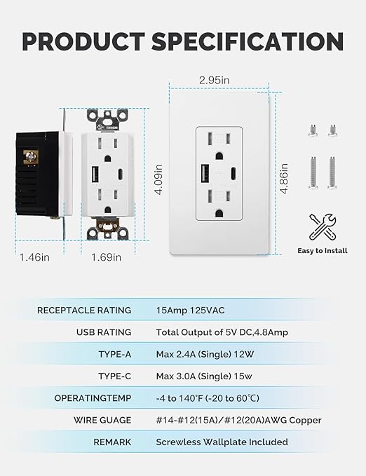 MOES USB Outlets(UL Certified), Type-C & USB-A Ports, 5VDC 4.8A Fast Charging 24W, Tamper-Resistant, Standard US Wall Box Compatible, Screwless Wall Plate Included, 15Amp White 1 Pack