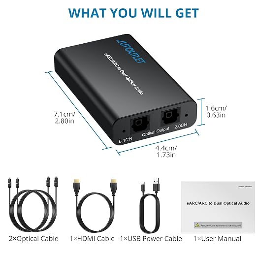 AUTOUTLET HDMI eARC/ARC to Dual Optical Audio Adapter, HDMI ARC to Optical Converter with 2 Toslink SPDIF Outputs for TV Soundbar Wireless Headphones, 192kHz, Dolby DTS 5.1