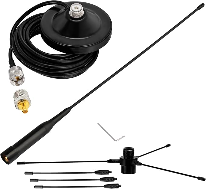 Bingfu Vehicle Mobile Ham Radio Antenna with Ground Planes Dual Band VHF UHF 136-174MHz 400-470MHz Magnetic Base Mount Soft Whip Antenna PL259 Male Connector for Car Marine Amateur Radio