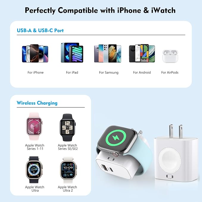 for Apple Watch Charger,Wireless Magnetic for Apple Watch Charging,2Pack 23W Dual Port(USB-C+USB-A)Fast Wall Charging Block Travel Plug iWatch Charger for iWatch 11/Ultra/SE/10/9/8/7/6,iPhone 17/16/15