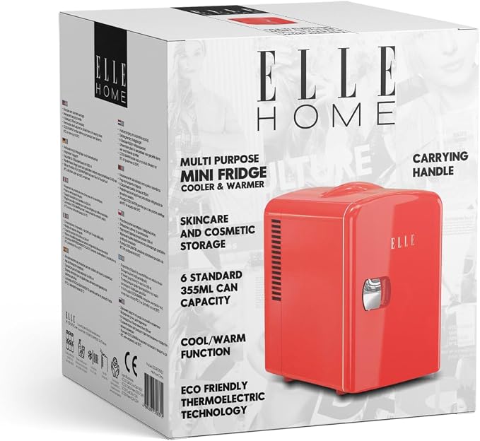 ELLE Multi Purpose 4L Mini Fridge Cooler and Warmer with Cool and Warm Function Removable Shelf Carrying Handle AC DC Power Options for Car Office Bedroom 6 Can Capacity Red