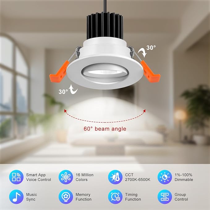 2 Inch Smart Recessed Lighting, 5W WiFi Recessed LED Lights, Dimmable RGB Color Changing & CCT 2700K–6500K, Compatible with Alexa & Google Home, Canless Smart Ceiling Light with Driver (4 Pack)
