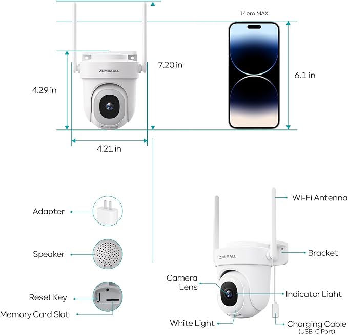 ZUMIMALL 2.5K Wired Cameras for Home Security, 2.4G/5G WiFi Outdoor Camera, 5MP, 24/7 Recording, AI Motion Detection,Cloud & SD Card Storage, 2-Way Audio, 360° PTZ Auto Tracking, Alexa Compatible