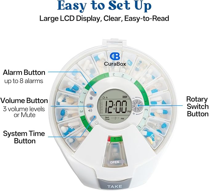 Bluetooth Automatic Pill Dispenser with App, 21 Individual Pods Medication Organizer for Seniors & Caregivers with Tracks Adherence History, Alarms & Light Alerts, Key Lock, for Vitamins Supplements