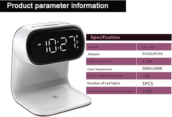 Multifunctional Wireless Charging Bedside Lamp with Digital Clock, Dimmable Night Light, 15W Fast Charge, Alarm & Touch Control, All-in-One Nightstand Organizer, A40 White.