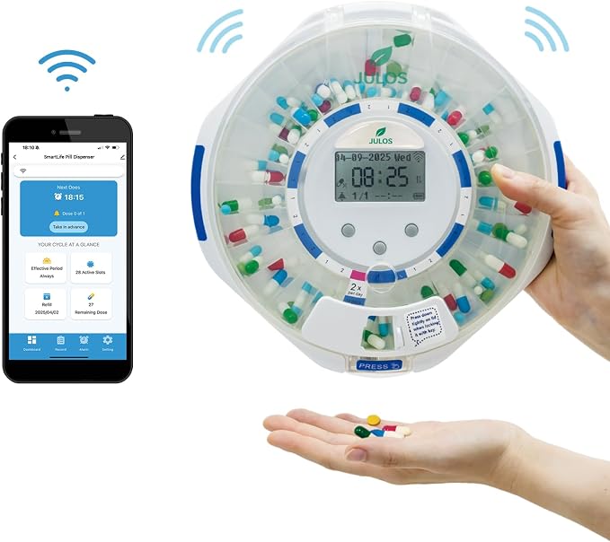 JULOS Smart WiFi Automatic Pill Dispenser w/Sound/Light Alerts for Seniors, Mobile App Remote Monitoring, 28-Day Medication Organizer, Up to 9 Alarms/Day, Lock Key for Supplements & More, Clear Lid