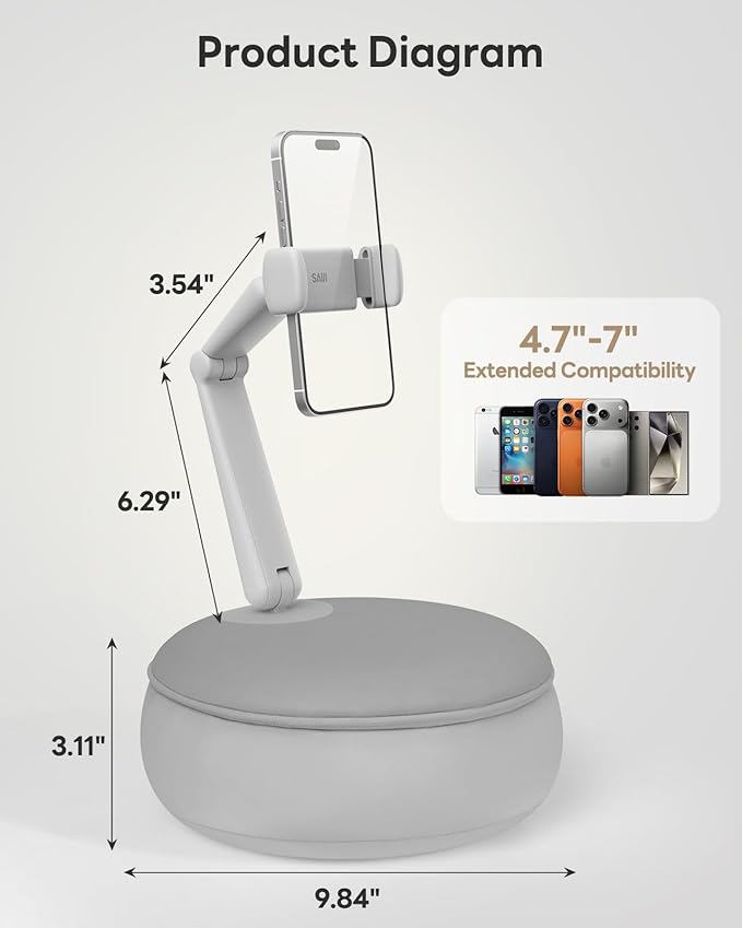 SAIJI Cell Phone Pillow Holder mini iPhone Stand for Bed, Upgraded mini Angle & Height Adjustable Phone Pillow Stand for Watching Video On Bed/Sofa/Lap, Fit for 4.7"-7.0" Device (Gray)