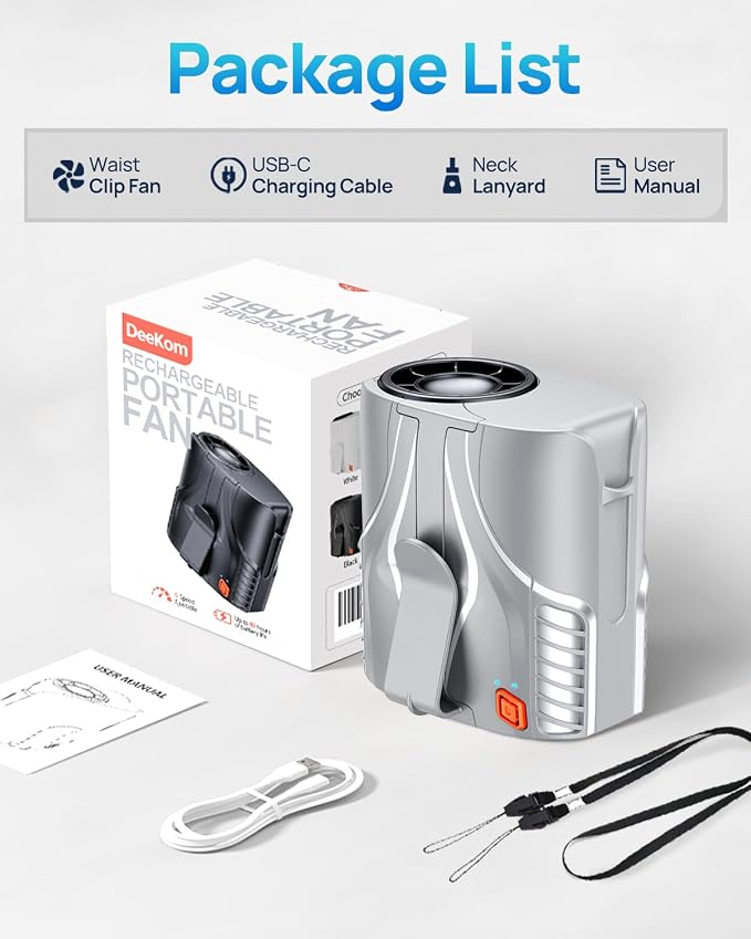 Portable Personal Waist Fan& Neck Fan, 14000RPM Brushless Motor, 40H Runtime Rechargeable, 6-Speed Quiet Operation, Clip-On Personal Body Cooling for Camping/Worksites/Outdoor
