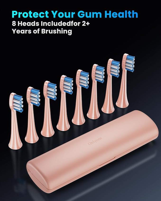 Onlyone Electric Toothbrush for Adults, Rechargeable Electric Toothbrush with 8 Brush Heads, Travel Case, Charging Base & Wireless Charging - 5 Modes with Smart Timer, Pink