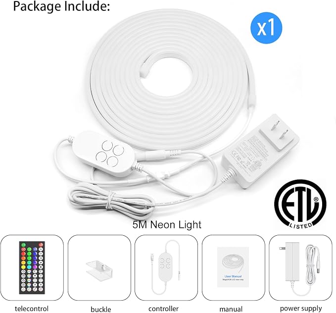 16.4FT 5M Addressable Neon Rope Light, WS2811 RGB LED Chasing Digital Strip Lights MagicRGB Waterproof Silicone Rope Music Sync DIY Design APP Control Dream Color for Gaming Room Wall Decor
