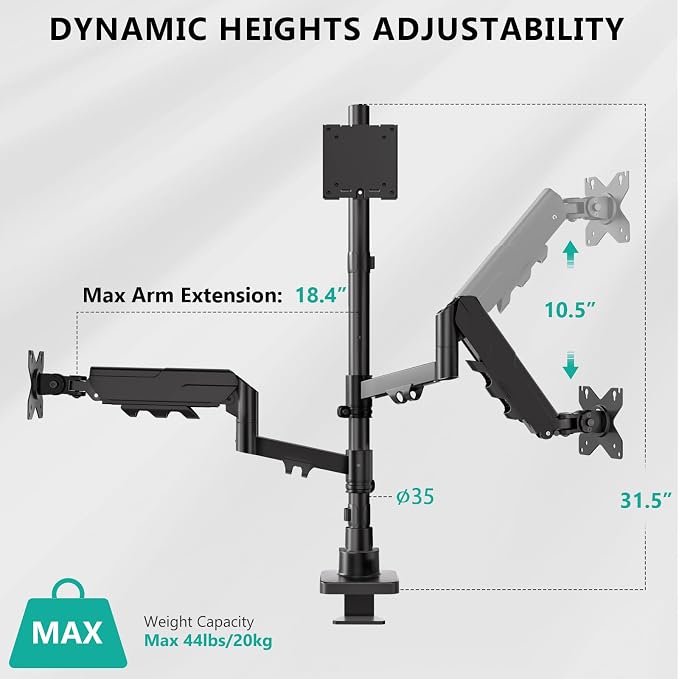 WALI Triple Monitor Mount, up to 49'' Ultrawides on Top Bracket and 34'' Screens on Side Brackets, Extra Tall 3 Monitors Desk Mount, Heavy Duty Monitor Arm up to 44 lbs (GSDM003N-P), Black