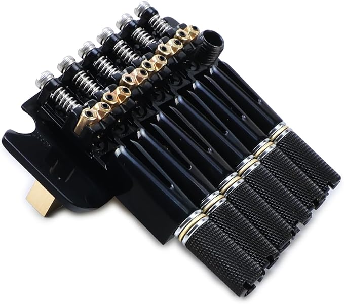 10.5mm Headless Electric Guitar Bridge Brass Block Saddle Hardened Steel Plate 2 point tremolo bridge for Fanned-fret 6 String Headless Electric Guitar Replacement parts (All Black)