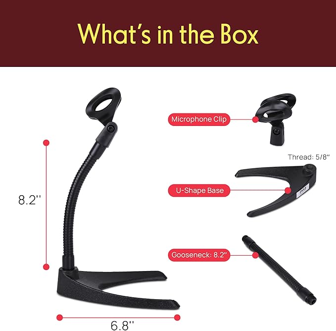 Pyle Desktop Microphone Stand - Universal Tabletop Mic Holder w/ Flexible 8.2'' Inch Gooseneck Mount and Solid U Shape Base - Perfect for Table Desk or Counter - PMKS8
