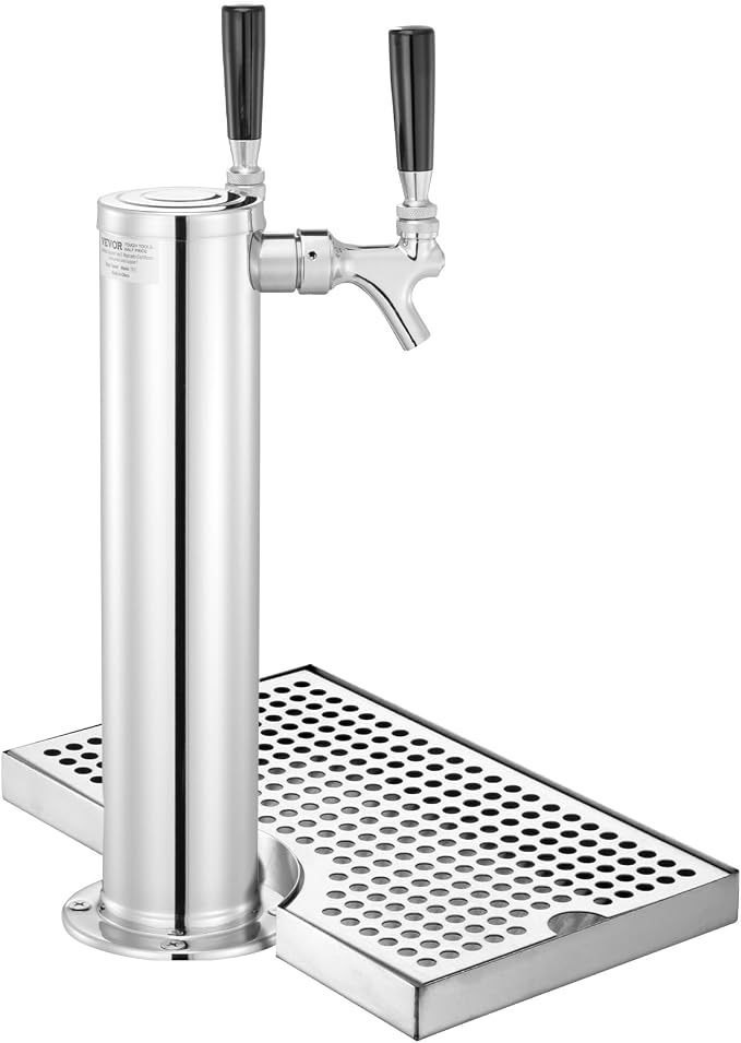 VEVOR Kegerator Tower Kit, Dual Taps Beer Conversion Kit, Stainless Steel Keg Beer Tower Dispenser with Dual Gauge CGA320 Regulator & D-System Keg Coupler, Beer Drip Tray for Party Home